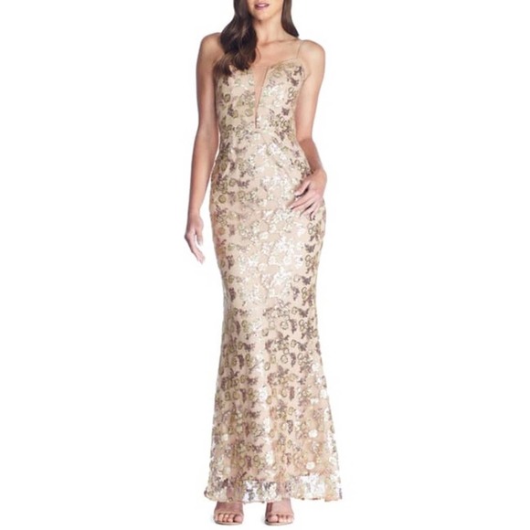Dress The Population Mara Lace Sequin Gold Maxi Dress Large - Picture 1 of 12